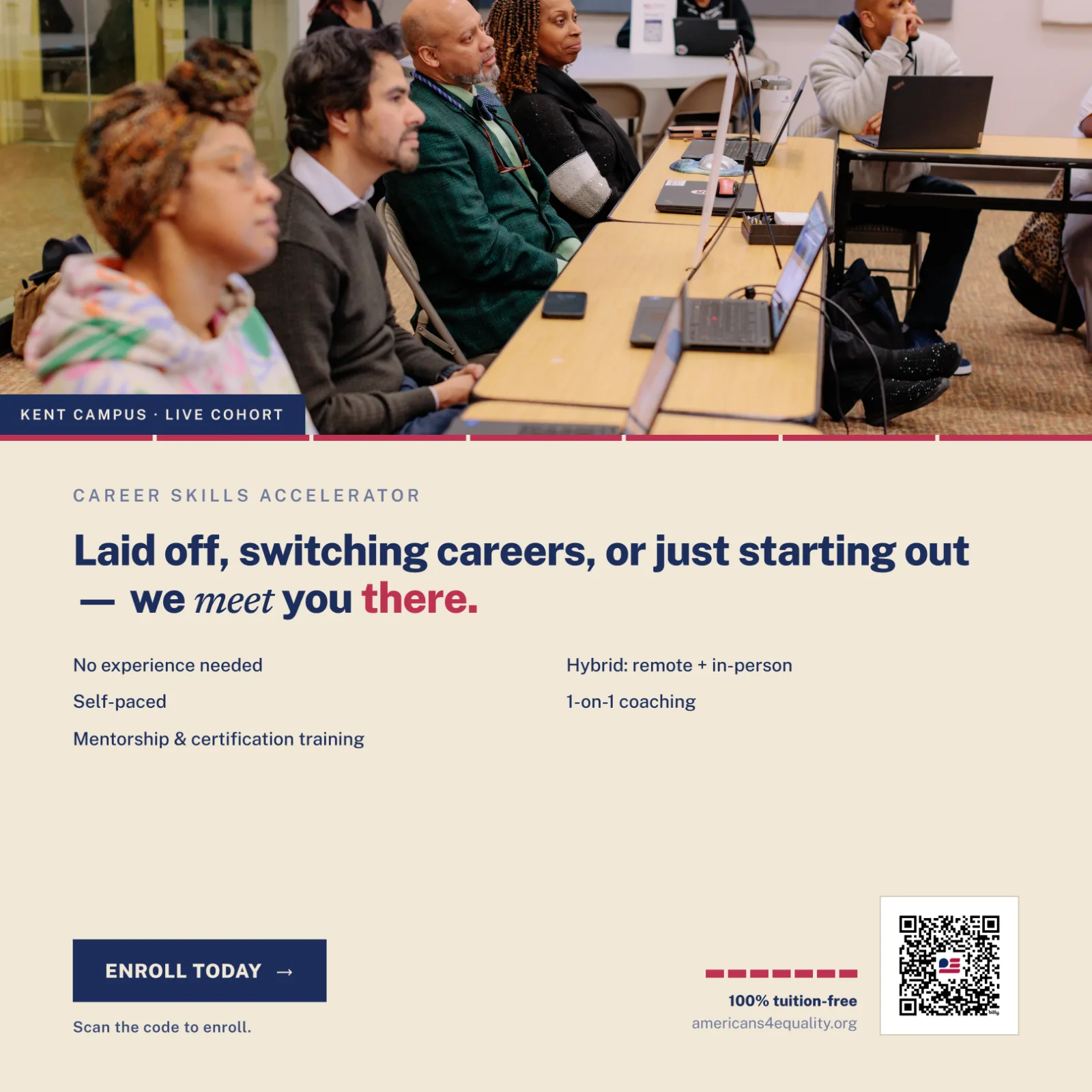 Career Skills Accelerator social post — 'Laid off, switching careers, or just starting out — we meet you there.'