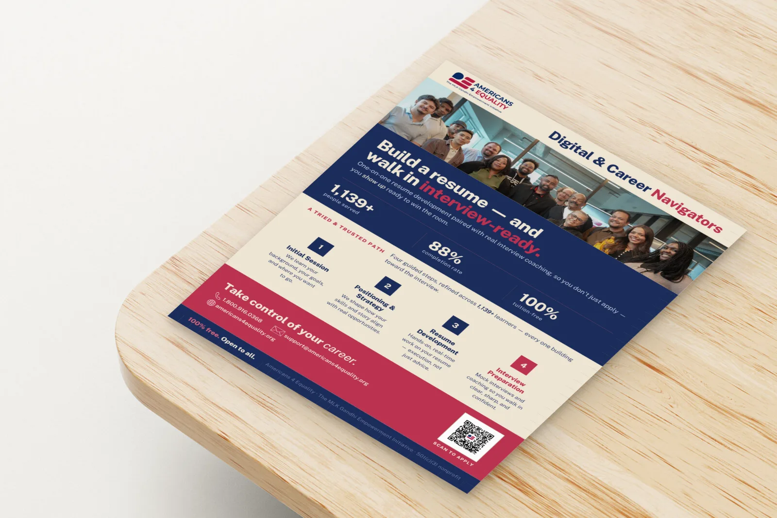A4E Digital & Career Navigators flyer — the brand system applied in print, on a table