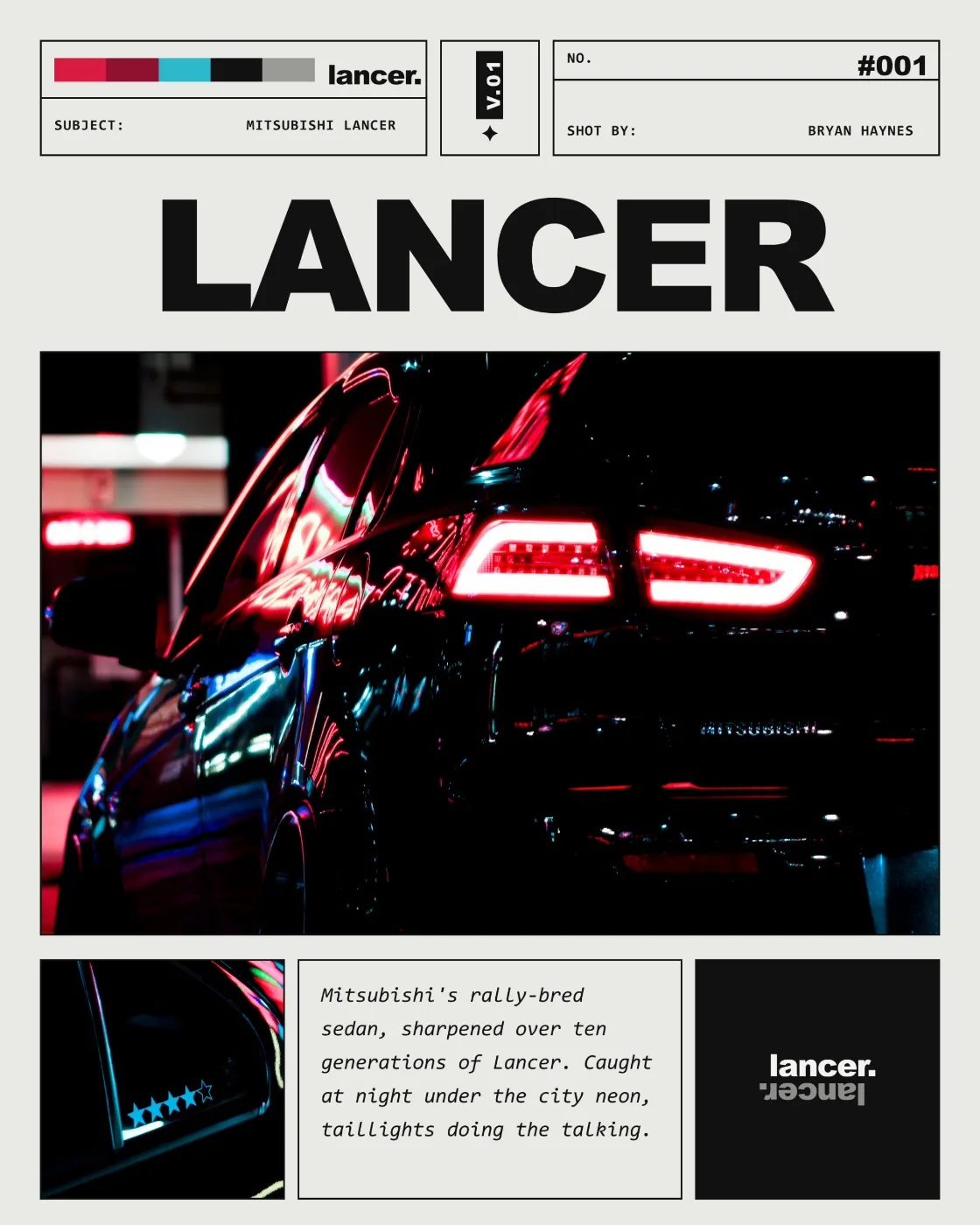lancer. — spec-sheet poster, Mitsubishi Lancer at night